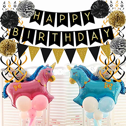 Black Happy Birthday Banner with Black Gold Paper Flag Bunting for Birthday Party Decorations