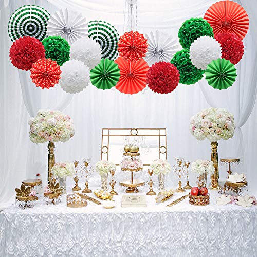 14pcs Red White Green Hanging Paper Pom Poms and Fans Set for Christmas Birthday Wedding