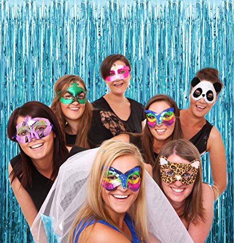 2pcs Light Blue Metallic Foil Fringe Curtains Photo Booth Props for Birthday Wedding