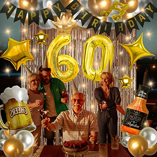 60th Birthday Party Supplies Set With String Light Include Gold Backdrop 40 Inches Number Balloons etc Perfect for Men and Women