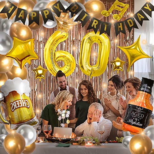 60th Birthday Party Supplies Set With String Light Include Gold Backdrop 40 Inches Number Balloons etc Perfect for Men and Women