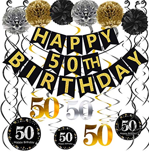 Black & Gold Glittery Happy 50th Birthday Banner