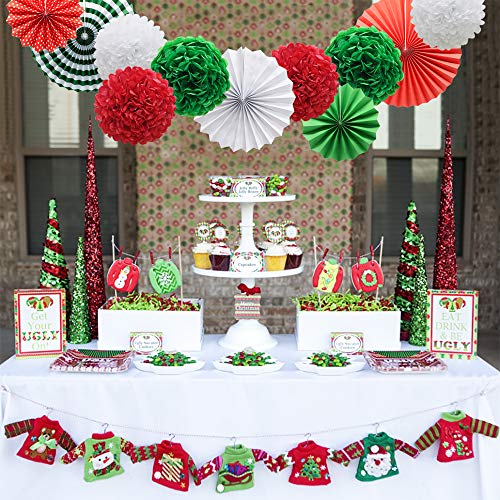 14pcs Red White Green Hanging Paper Pom Poms and Fans Set for Christmas Birthday Wedding