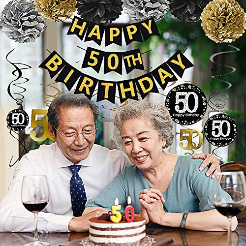 Black & Gold Glittery Happy 50th Birthday Banner