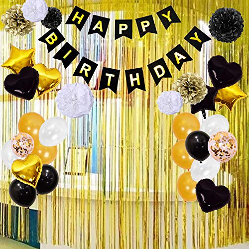 Black and Gold Birthday Decorations for Men with Balloons and Banners