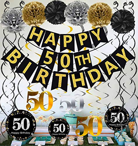 Black & Gold Glittery Happy 50th Birthday Banner