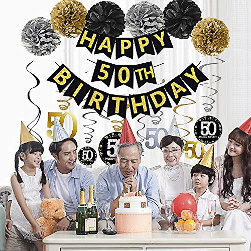 Black & Gold Glittery Happy 50th Birthday Banner