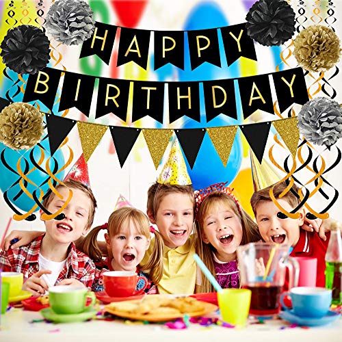 Black Happy Birthday Banner with Black Gold Paper Flag Bunting for Birthday Party Decorations