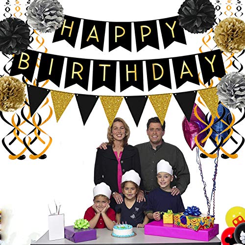 Black Happy Birthday Banner with Black Gold Paper Flag Bunting for Birthday Party Decorations