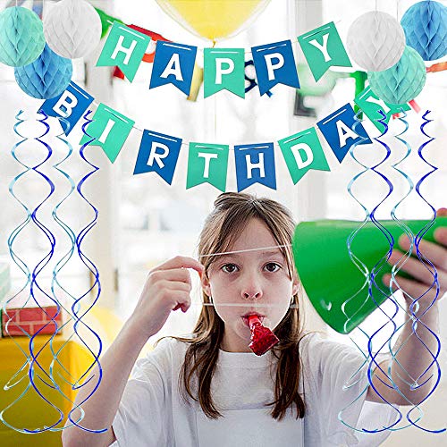 Blue Happy Birthday Banner Honeycomb balls Swirls Streamers for Birthday Decorations