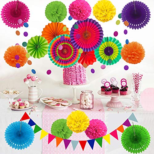 21Pcs Multi-color Hanging Paper Fans, Pom Poms Flowers for Wedding Décor, Fiesta or Mexican Party