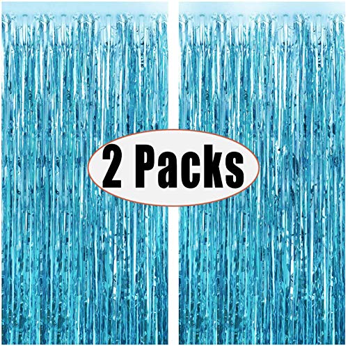 2pcs Light Blue Metallic Foil Fringe Curtains Photo Booth Props for Birthday Wedding