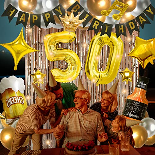Birthday Decorations for Adult, 50th Birthday Party Supplies Set With String Light Include Gold Backdrop 40 Inches Number Balloons etc Perfect for Men and Women