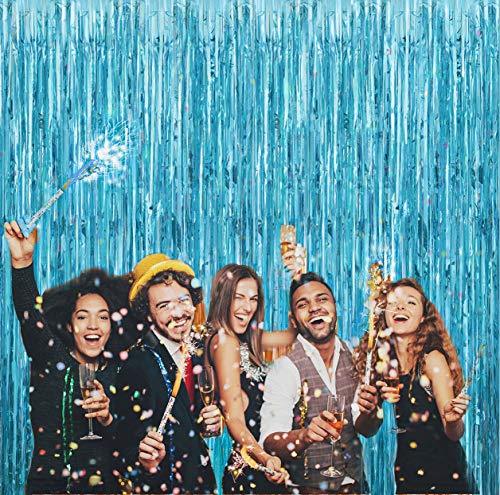 2pcs Light Blue Metallic Foil Fringe Curtains Photo Booth Props for Birthday Wedding