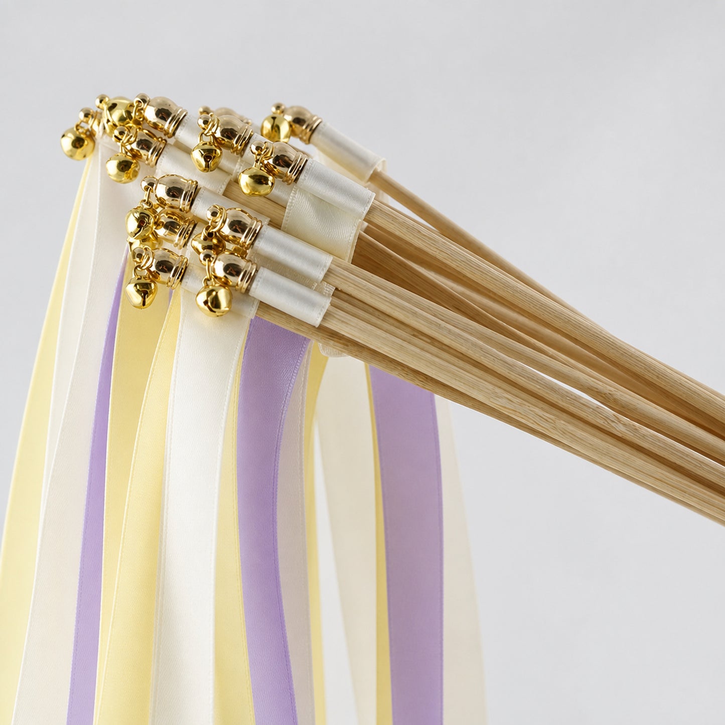 Handmade Buttercream Lavender Garden Wedding Ribbon Wands with Bell - Ivory, Baby Maize and Lilac