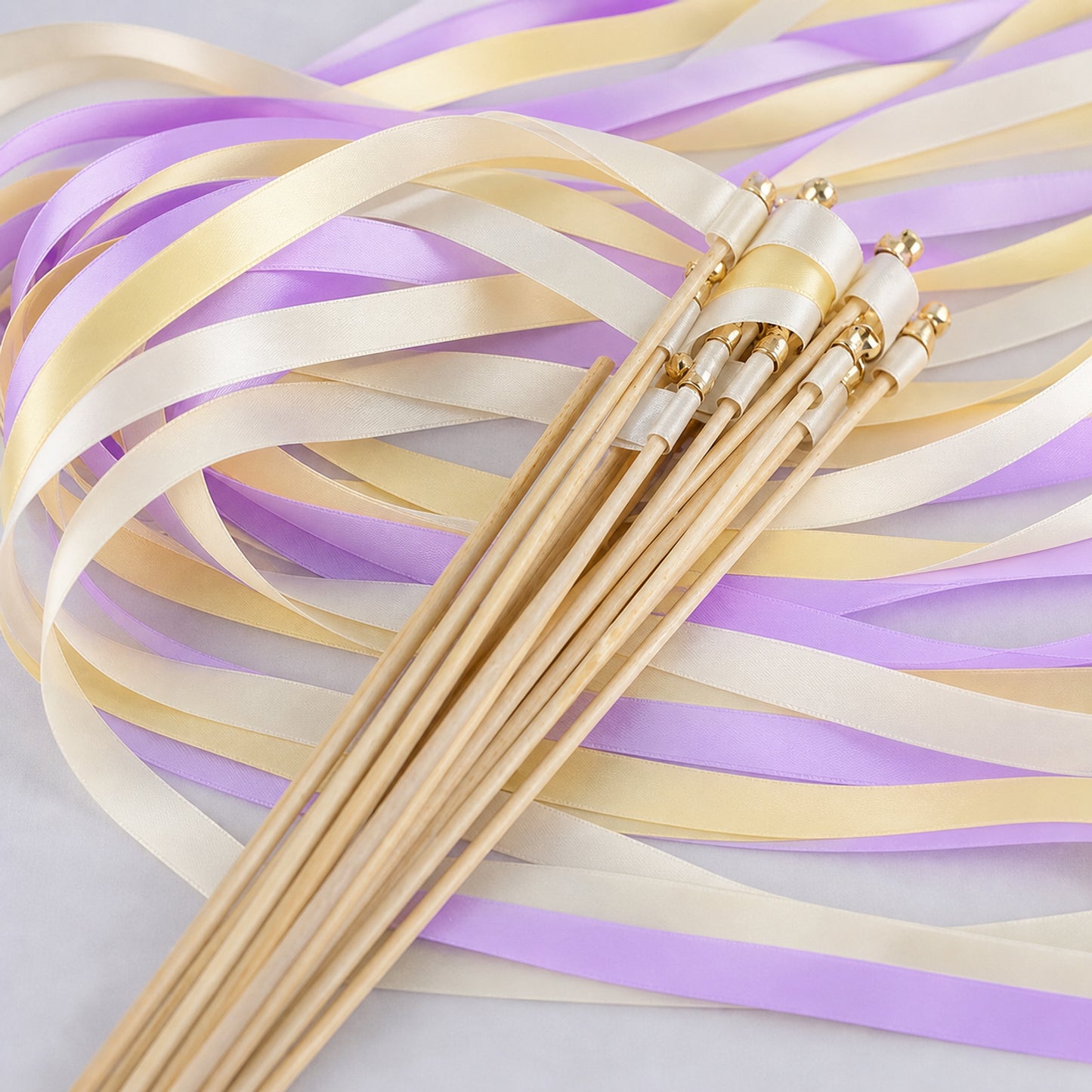 Handmade Buttercream Lavender Garden Wedding Ribbon Wands with Bell - Ivory, Baby Maize and Lilac