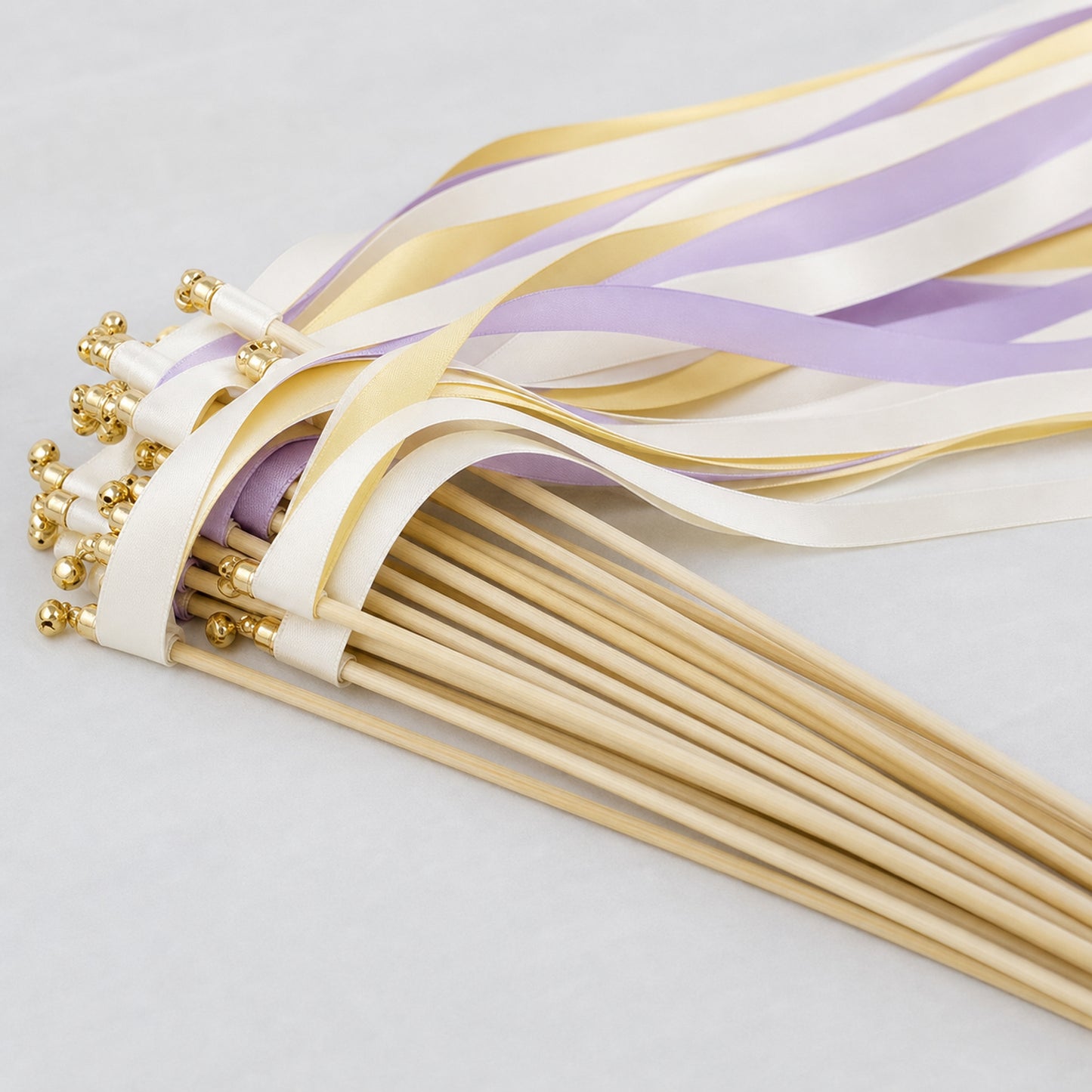 Handmade Buttercream Lavender Garden Wedding Ribbon Wands with Bell - Ivory, Baby Maize and Lilac