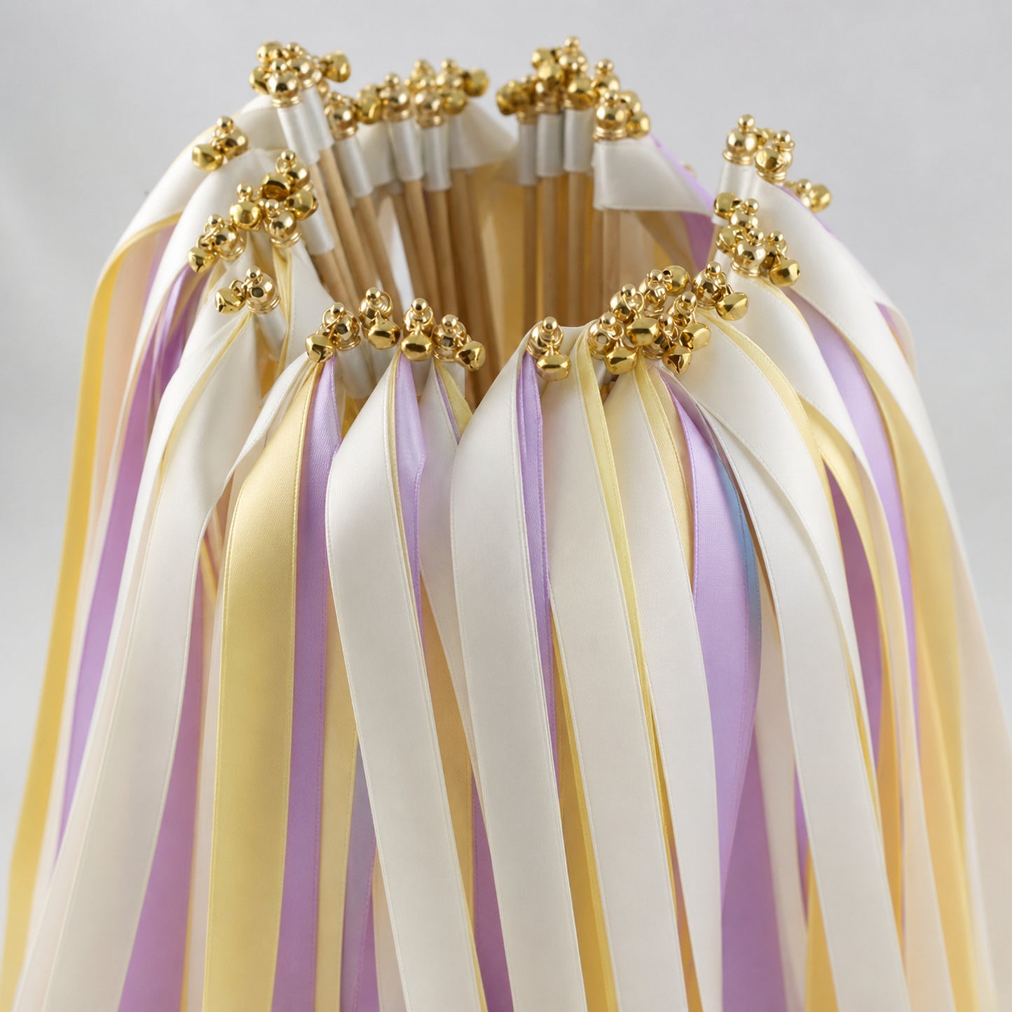 Handmade Buttercream Lavender Garden Wedding Ribbon Wands with Bell - Ivory, Baby Maize and Lilac