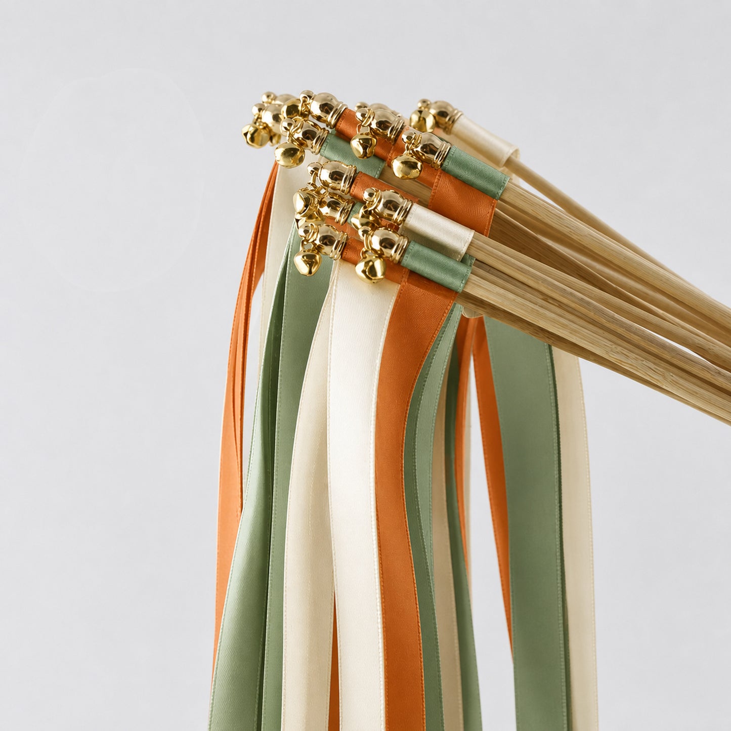 Citrus Woodland Ribbon Wedding Wands - Ivory, Celadon and Burnt Orange Triple Ribbon and Bell