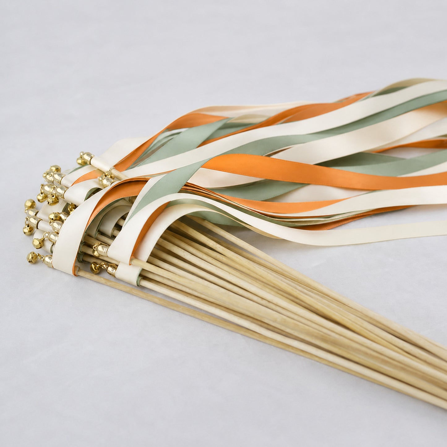Citrus Woodland Ribbon Wedding Wands - Ivory, Celadon and Burnt Orange Triple Ribbon and Bell