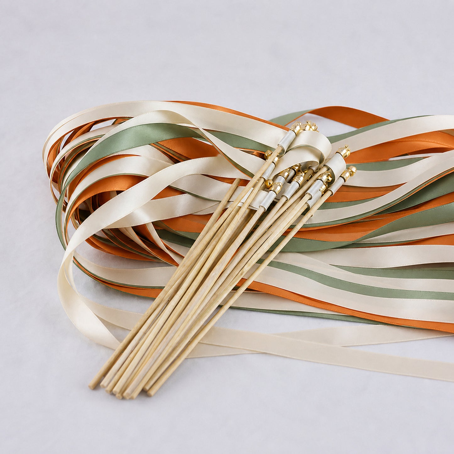 Citrus Woodland Ribbon Wedding Wands - Ivory, Celadon and Burnt Orange Triple Ribbon and Bell