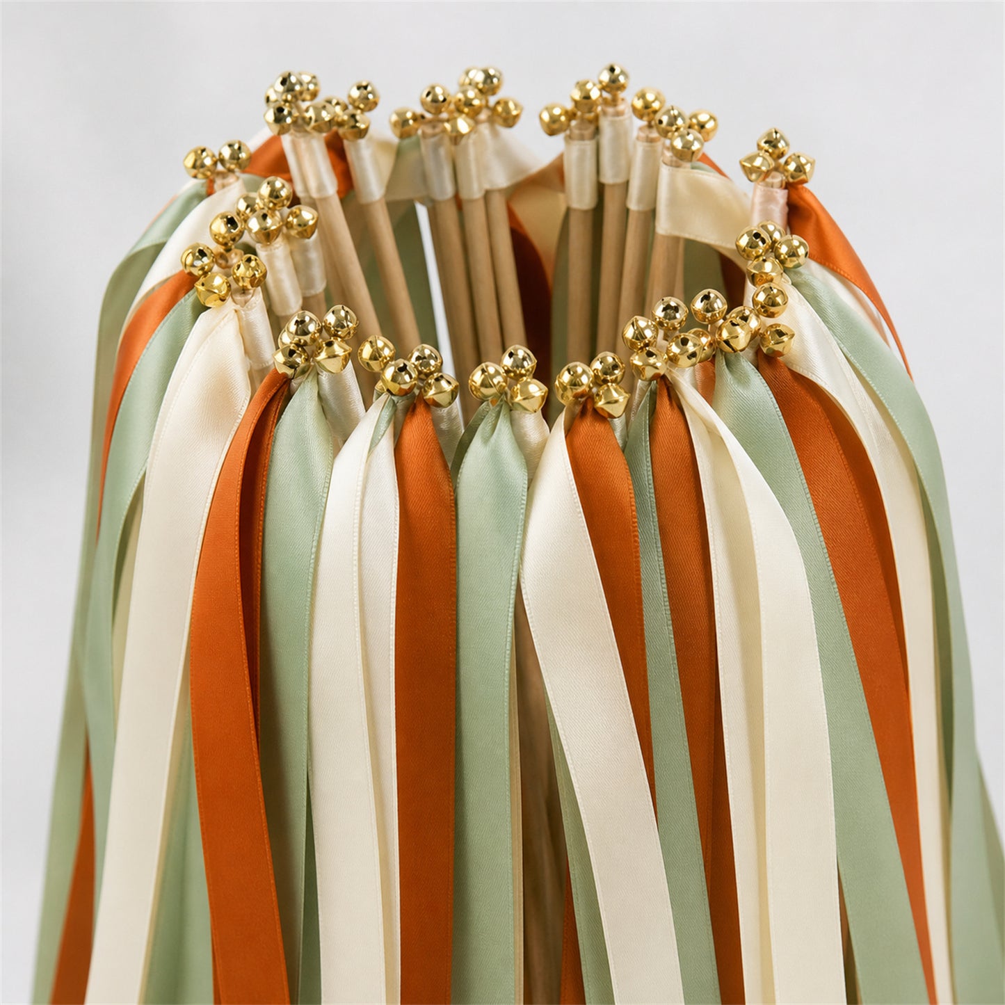 Citrus Woodland Ribbon Wedding Wands - Ivory, Celadon and Burnt Orange Triple Ribbon and Bell