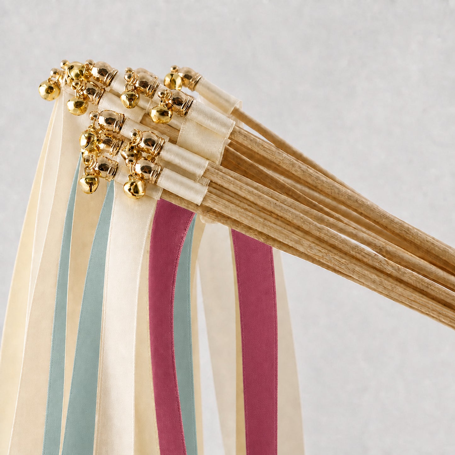 Romantic Rosewood Garden Wedding Ribbon Wands with Bell - Ivory, Celadon and Rosewood