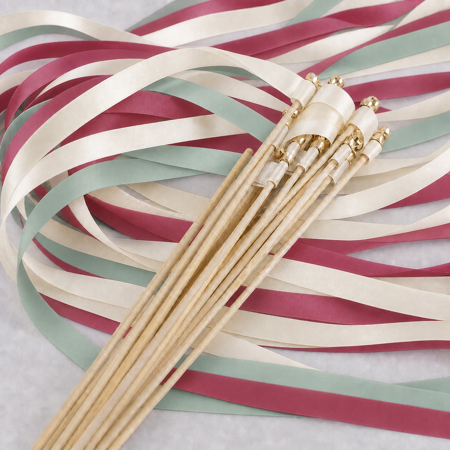 Romantic Rosewood Garden Wedding Ribbon Wands with Bell - Ivory, Celadon and Rosewood