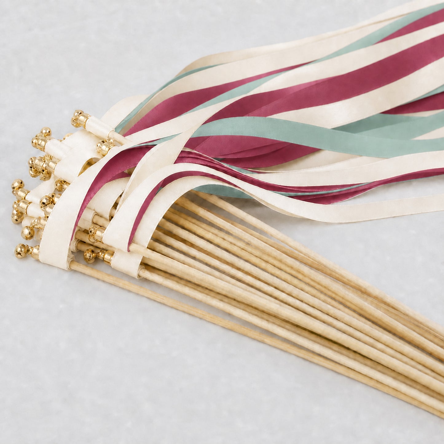 Romantic Rosewood Garden Wedding Ribbon Wands with Bell - Ivory, Celadon and Rosewood