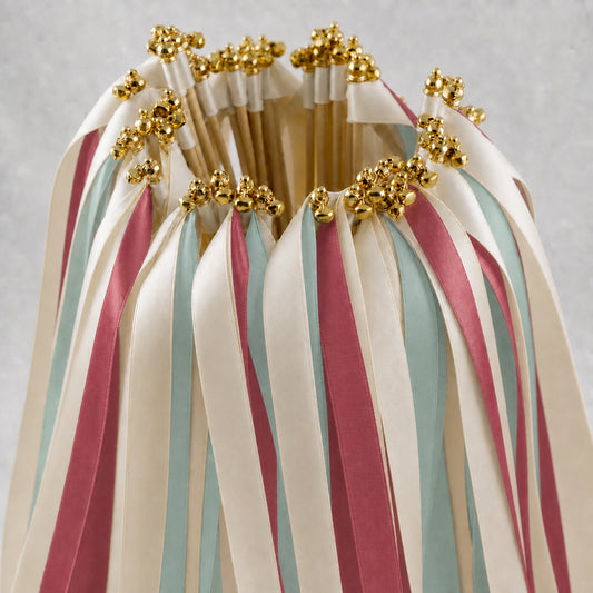 Romantic Rosewood Garden Wedding Ribbon Wands with Bell - Ivory, Celadon and Rosewood