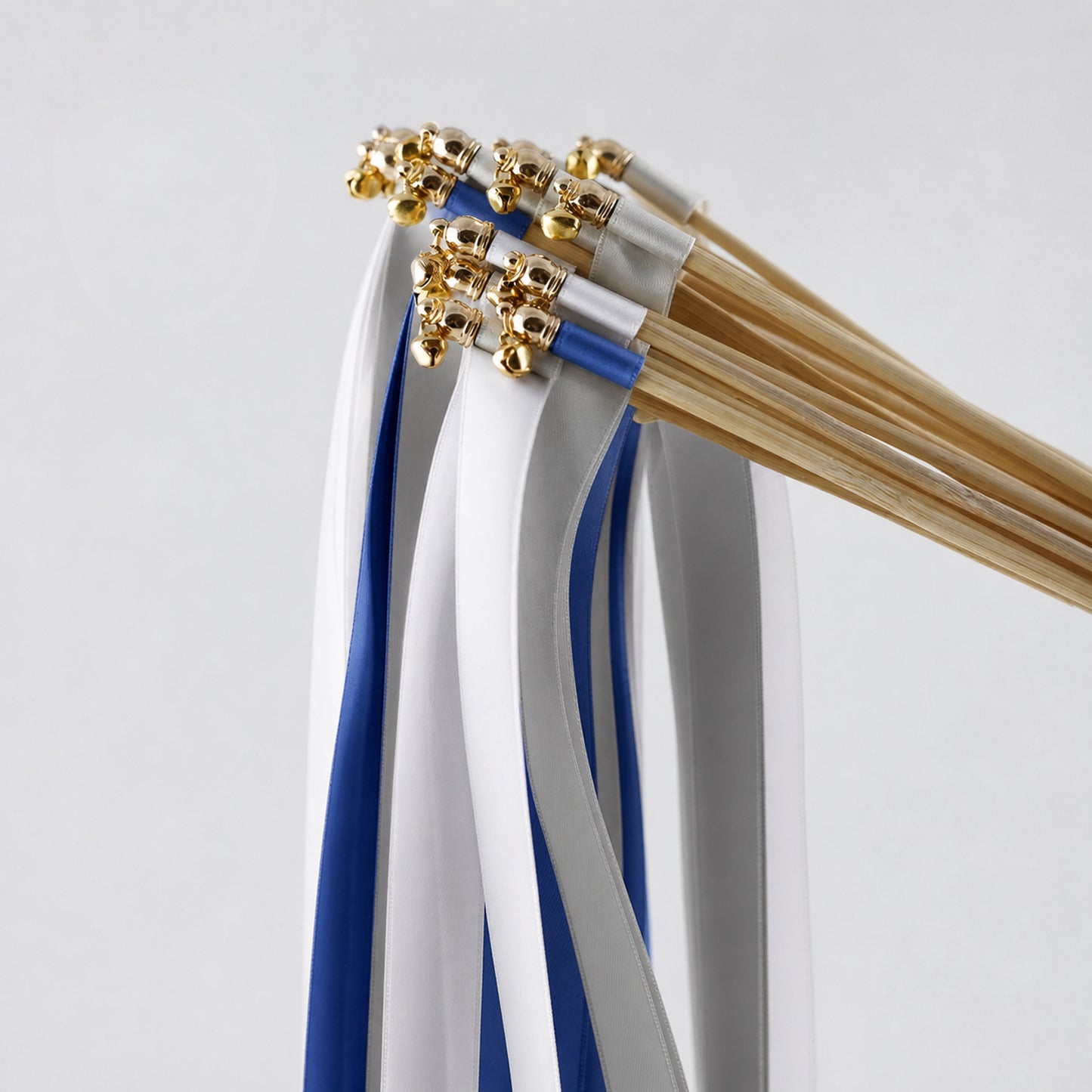 Modern Cobalt Wedding Ribbon Wands with Bell - White, Cobalt and Shell Gray