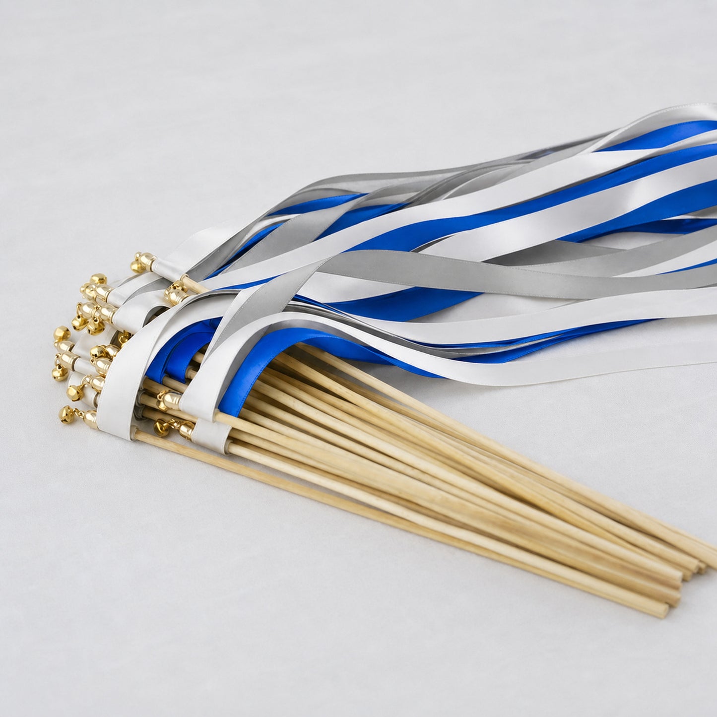 Modern Cobalt Wedding Ribbon Wands with Bell - White, Cobalt and Shell Gray