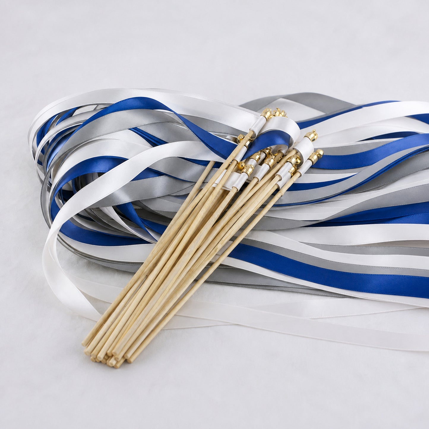 Modern Cobalt Wedding Ribbon Wands with Bell - White, Cobalt and Shell Gray