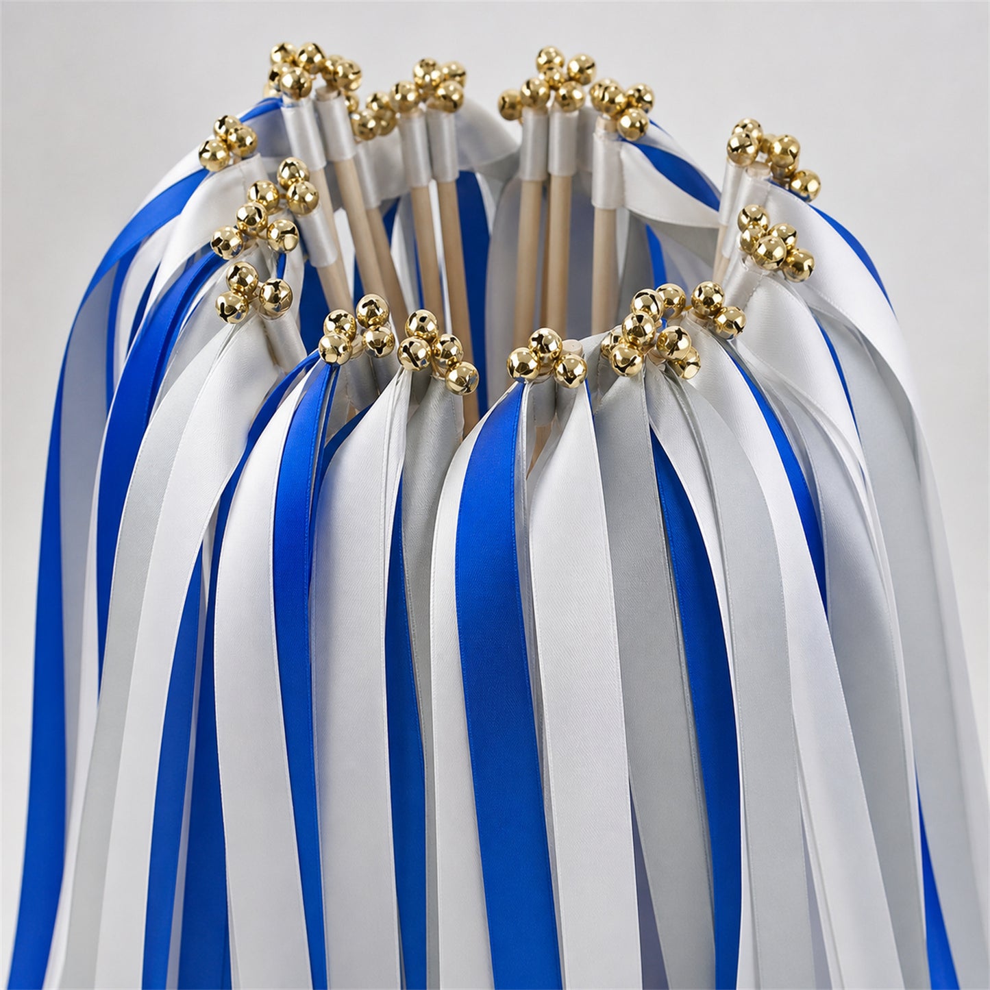 Modern Cobalt Wedding Ribbon Wands with Bell - White, Cobalt and Shell Gray
