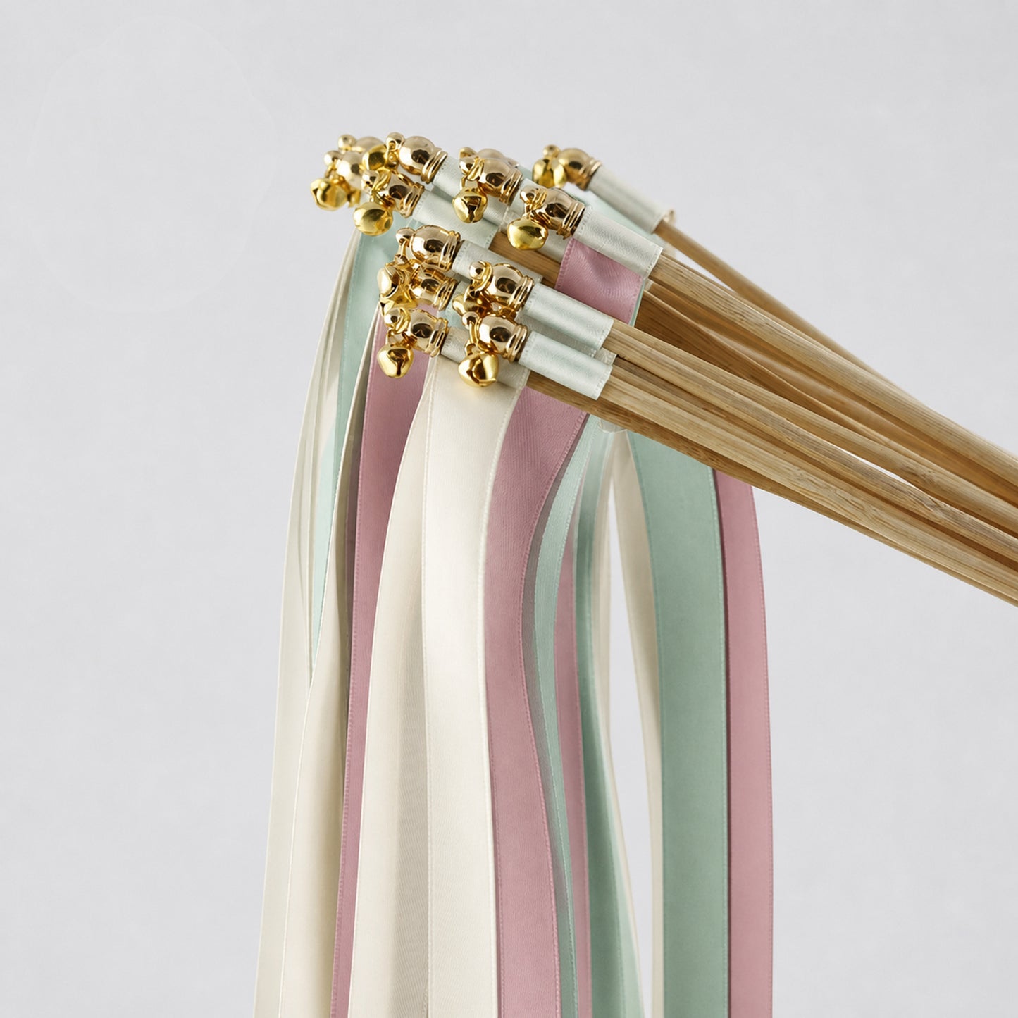 Off White, Seamist and Rosy Mauve Wedding Exit Ribbon Wands with Bell - Blush Sage Garden