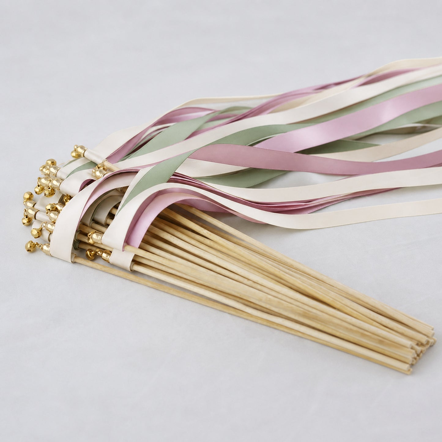 Off White, Seamist and Rosy Mauve Wedding Exit Ribbon Wands with Bell - Blush Sage Garden