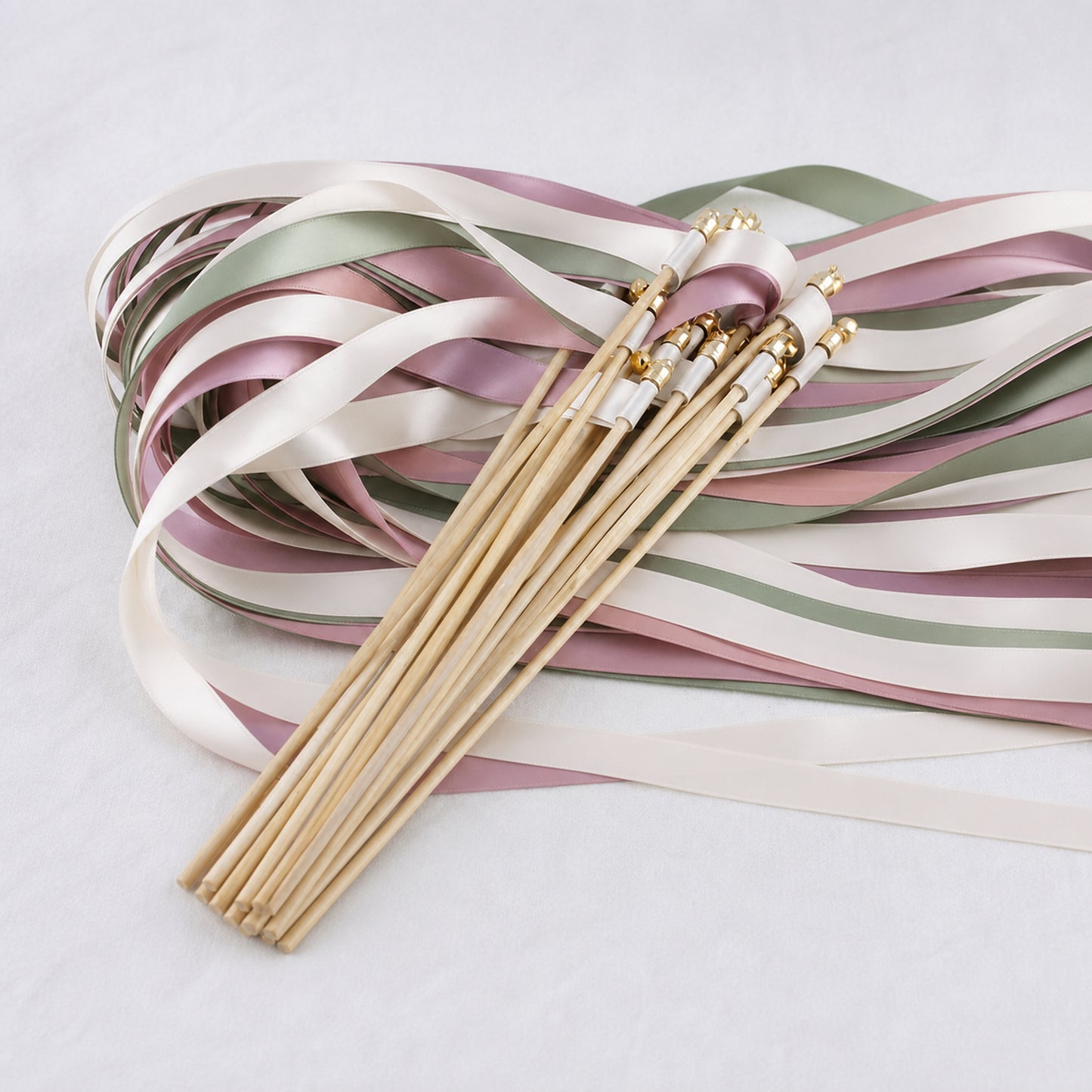 Off White, Seamist and Rosy Mauve Wedding Exit Ribbon Wands with Bell - Blush Sage Garden