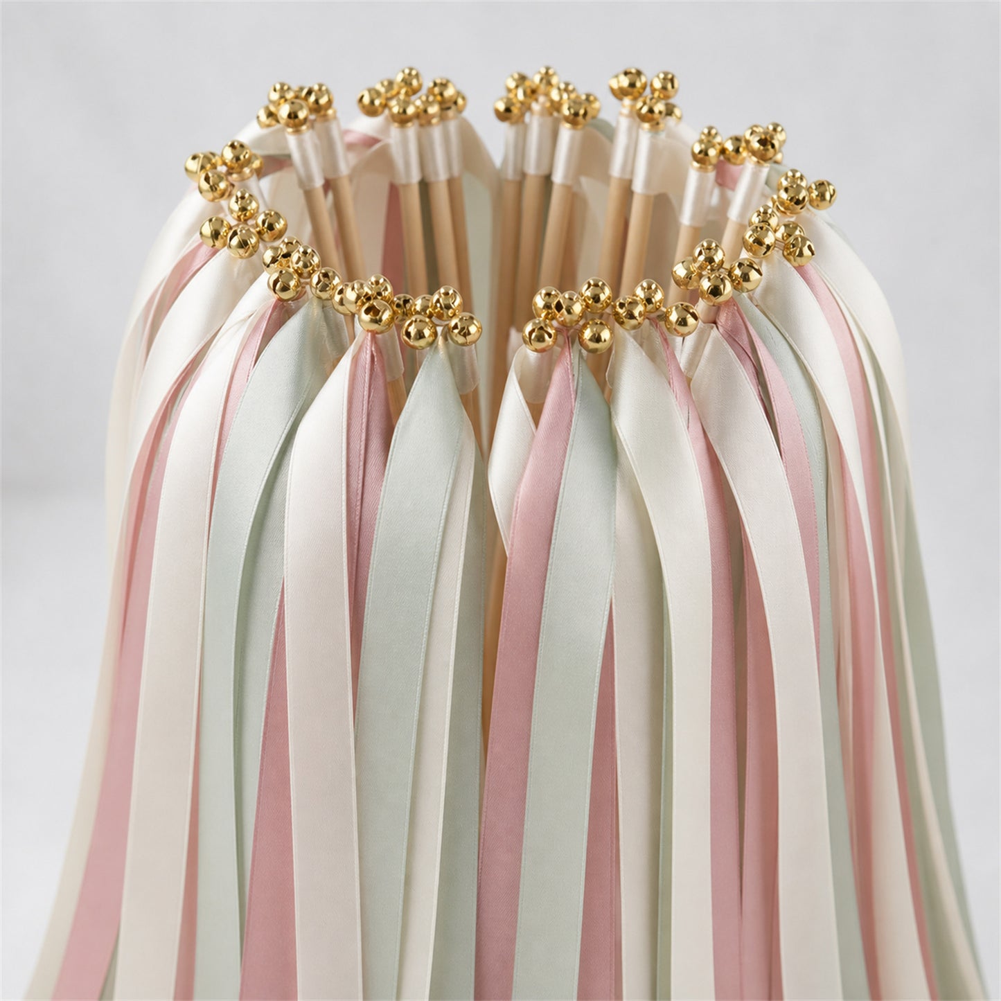 Off White, Seamist and Rosy Mauve Wedding Exit Ribbon Wands with Bell - Blush Sage Garden
