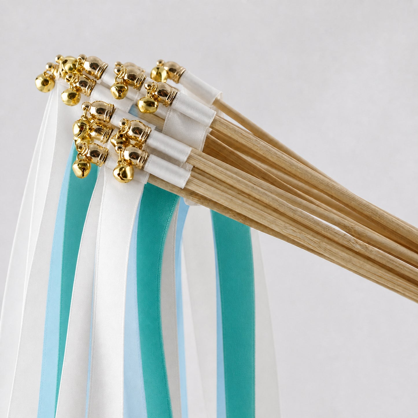 Handmade Modern Garden Wedding Send-Off Wands - White, Light Blue and Jade Triple Satin Ribbon