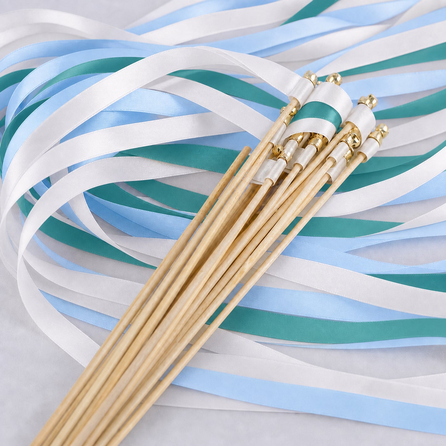 Handmade Modern Garden Wedding Send-Off Wands - White, Light Blue and Jade Triple Satin Ribbon