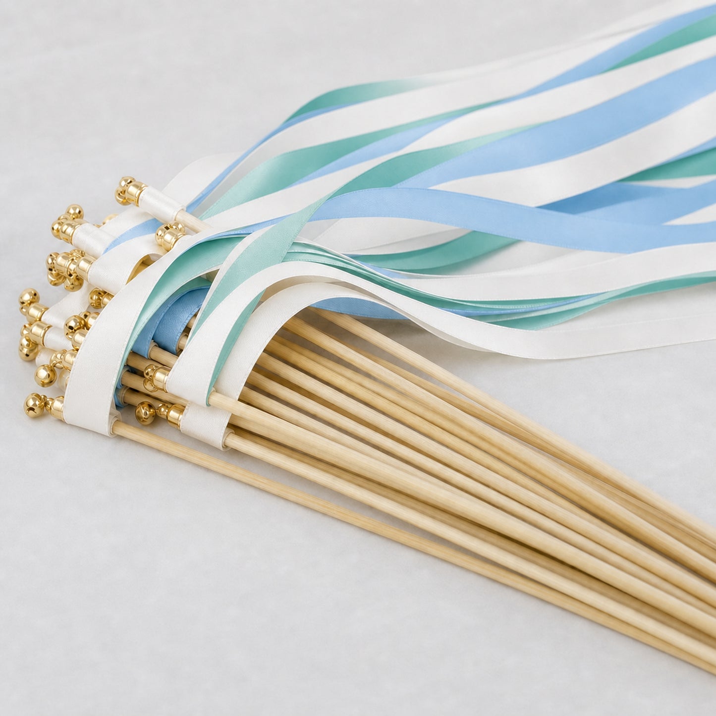 Handmade Modern Garden Wedding Send-Off Wands - White, Light Blue and Jade Triple Satin Ribbon