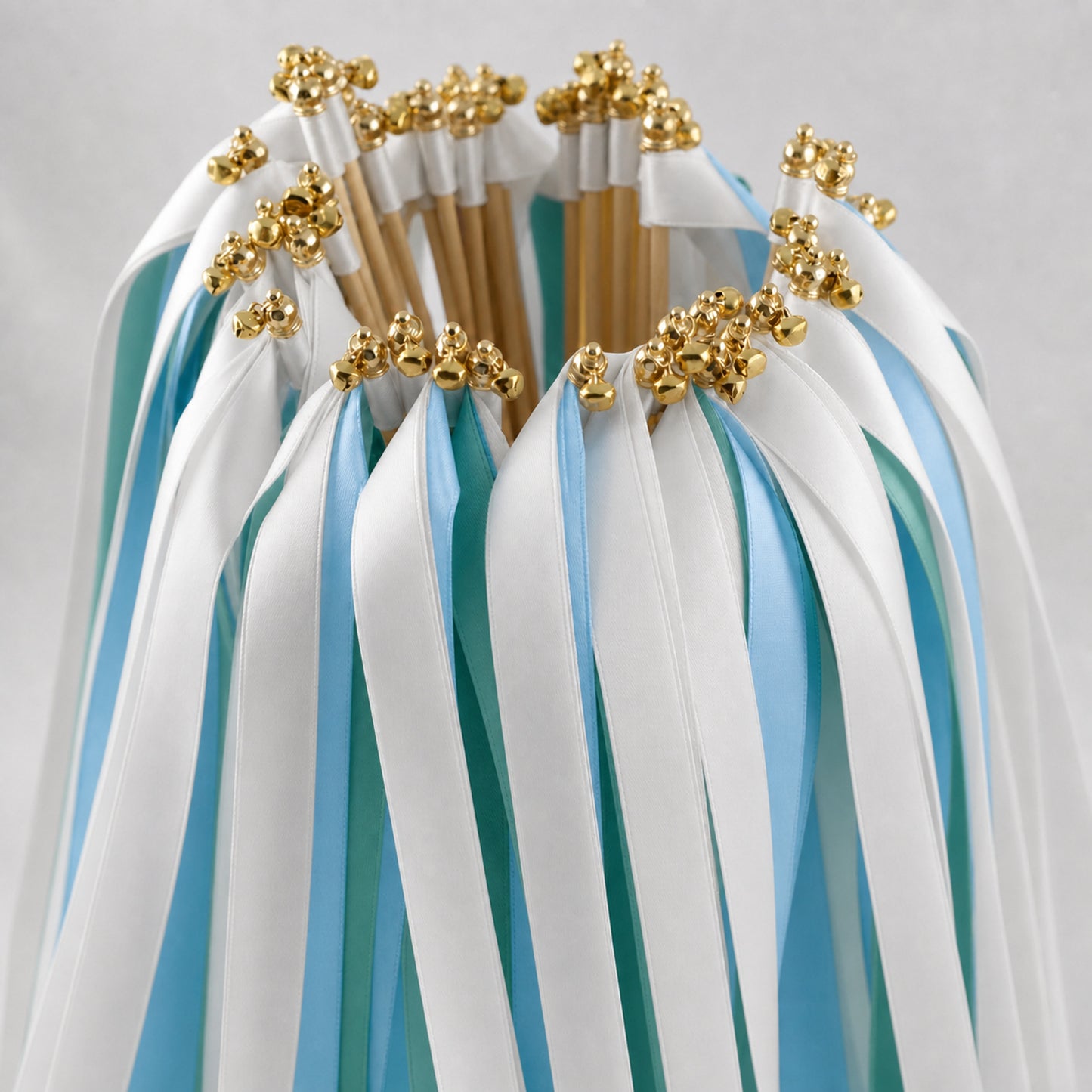 Handmade Modern Garden Wedding Send-Off Wands - White, Light Blue and Jade Triple Satin Ribbon