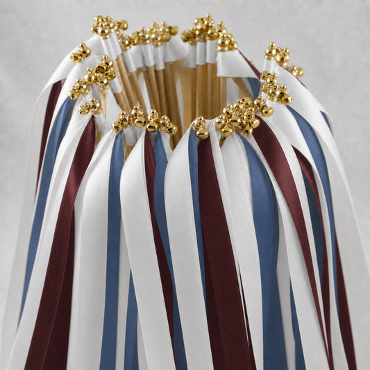 Moody Manor Wedding Ribbon Wands with Bell - White, Smoke Blue and Burgundy