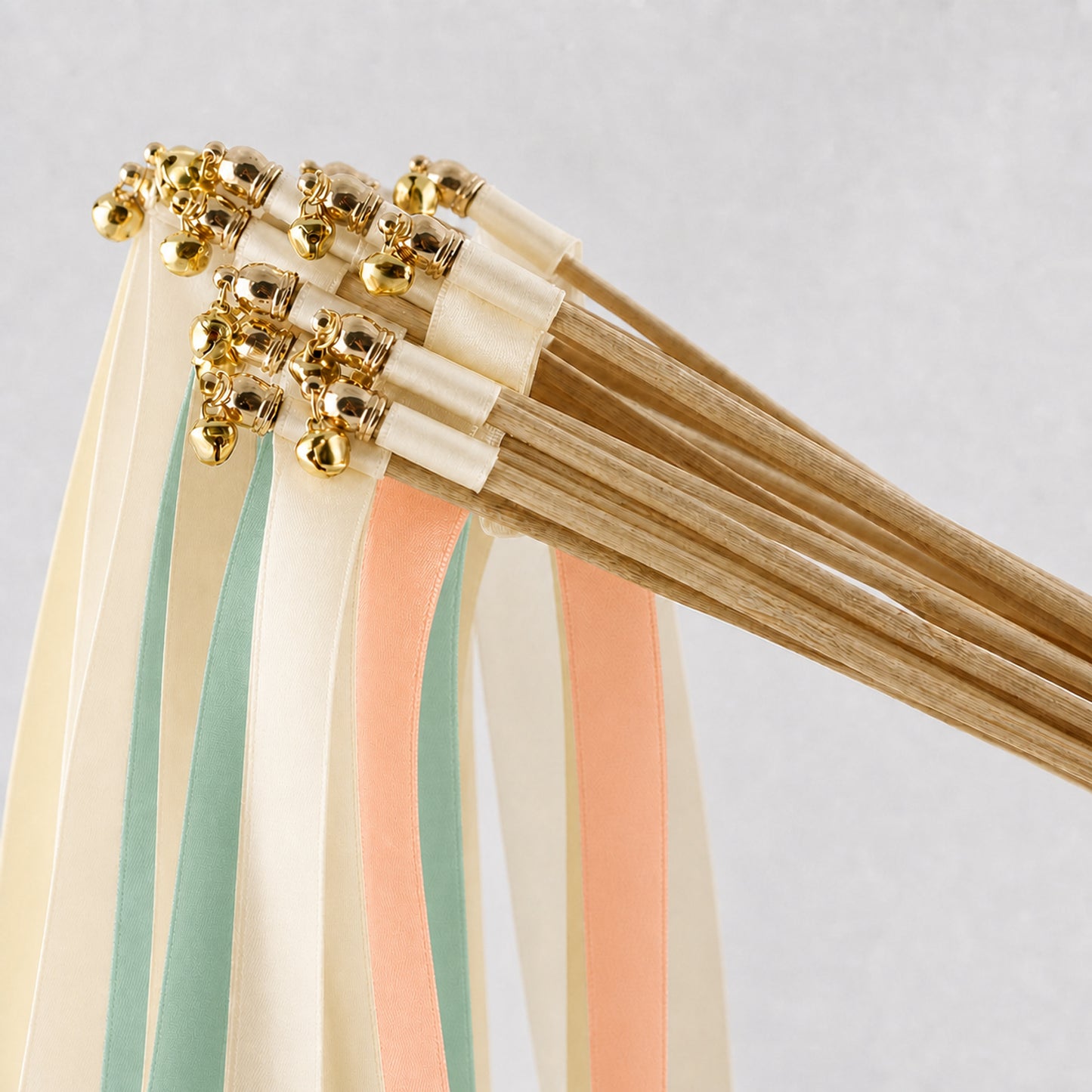 Peach Seamist Garden Wedding Ribbon Wands - Cream, Seamist and Light Peach with Bell