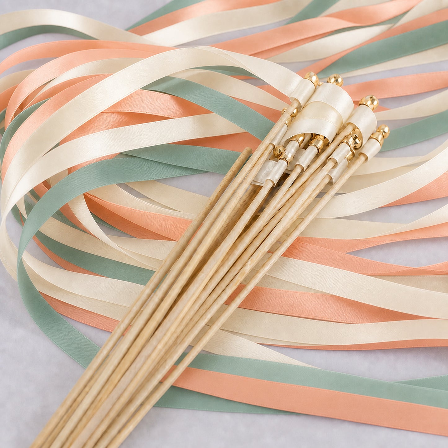 Peach Seamist Garden Wedding Ribbon Wands - Cream, Seamist and Light Peach with Bell