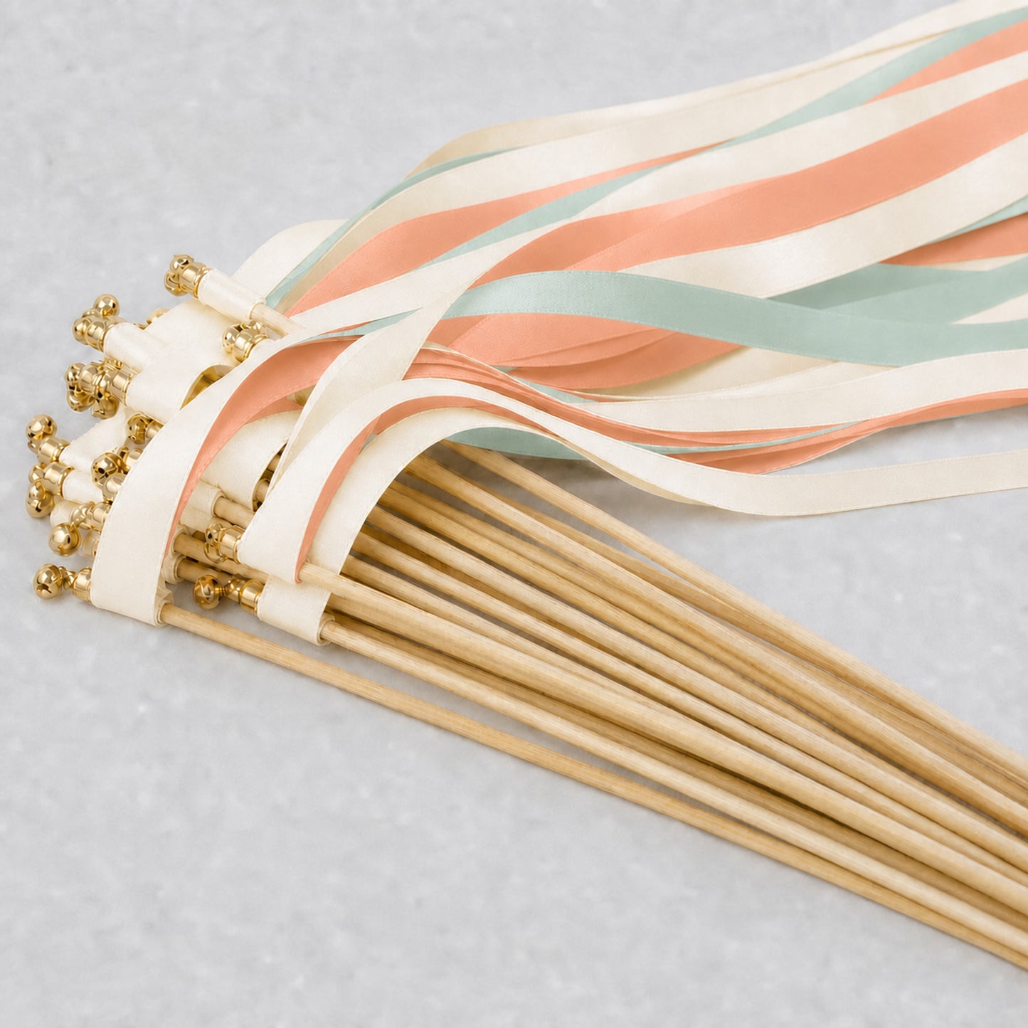 Peach Seamist Garden Wedding Ribbon Wands - Cream, Seamist and Light Peach with Bell