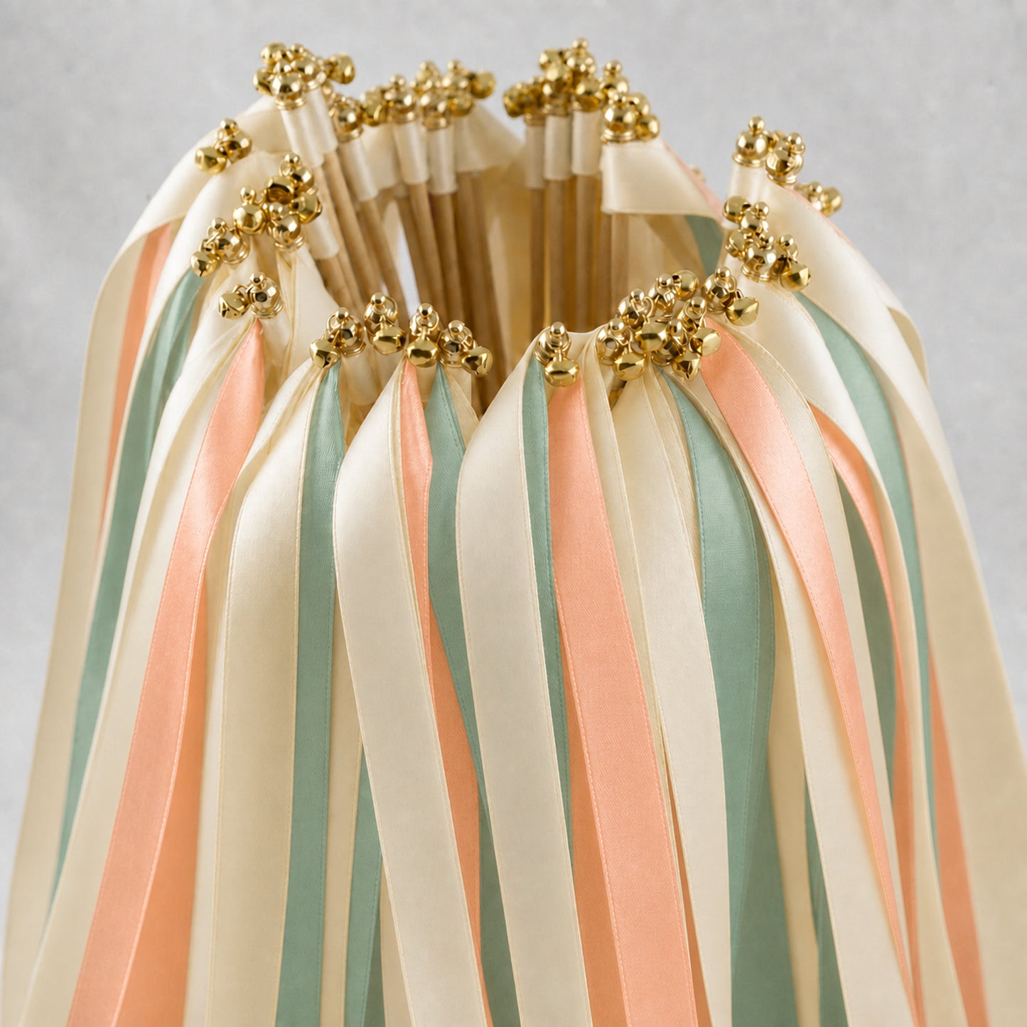 Peach Seamist Garden Wedding Ribbon Wands - Cream, Seamist and Light Peach with Bell