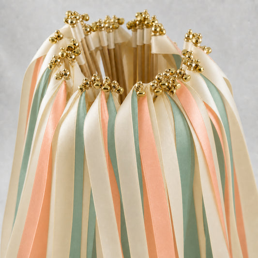 Peach Seamist Garden Wedding Ribbon Wands - Cream, Seamist and Light Peach with Bell