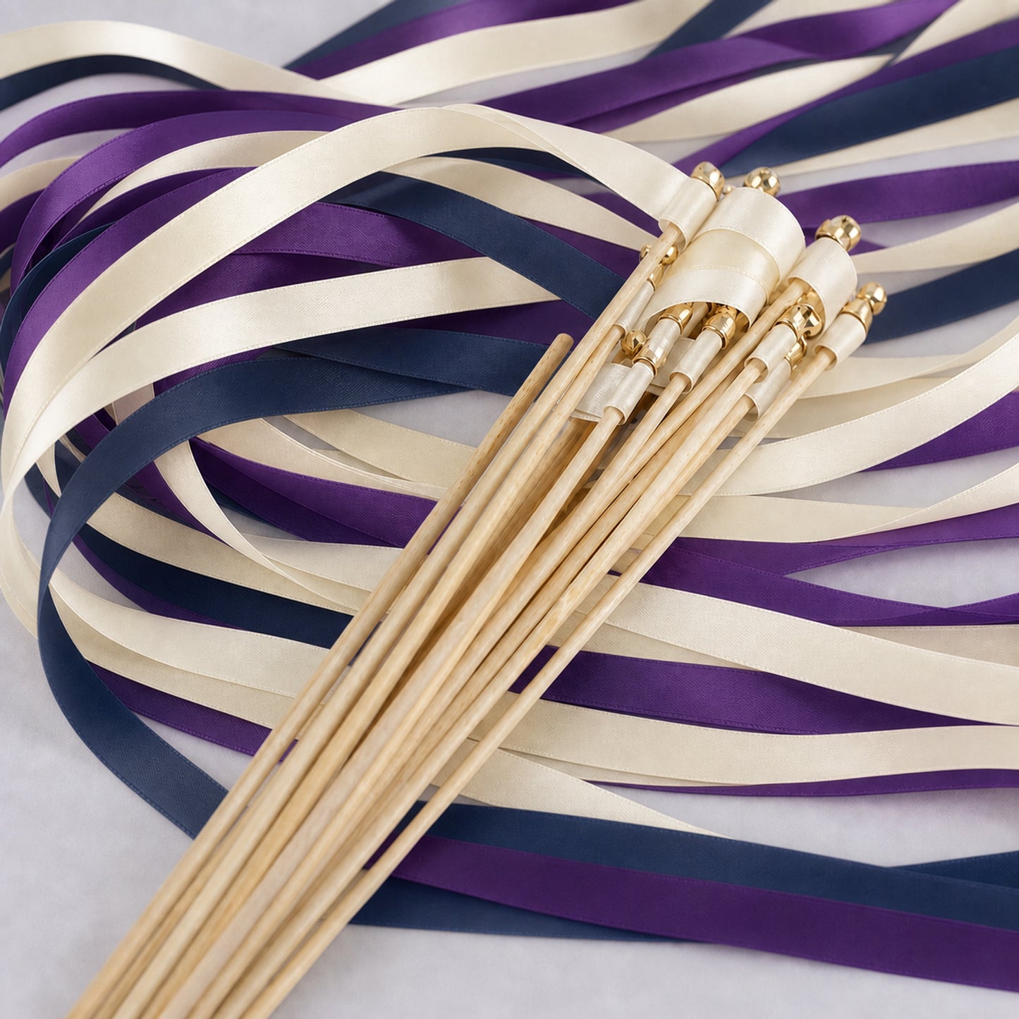 Handmade Midnight Plum Estate Ribbon Wands with Bell - Ivory, Plum and Navy Wedding Exit