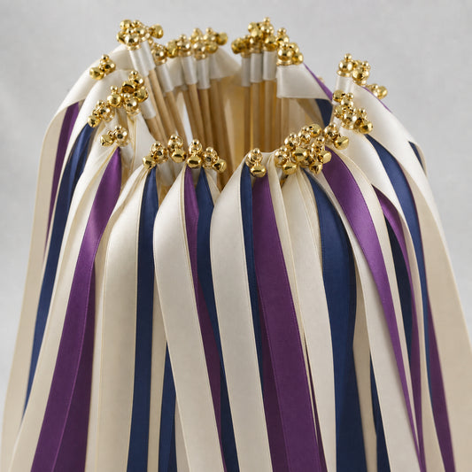 Handmade Midnight Plum Estate Ribbon Wands with Bell - Ivory, Plum and Navy Wedding Exit